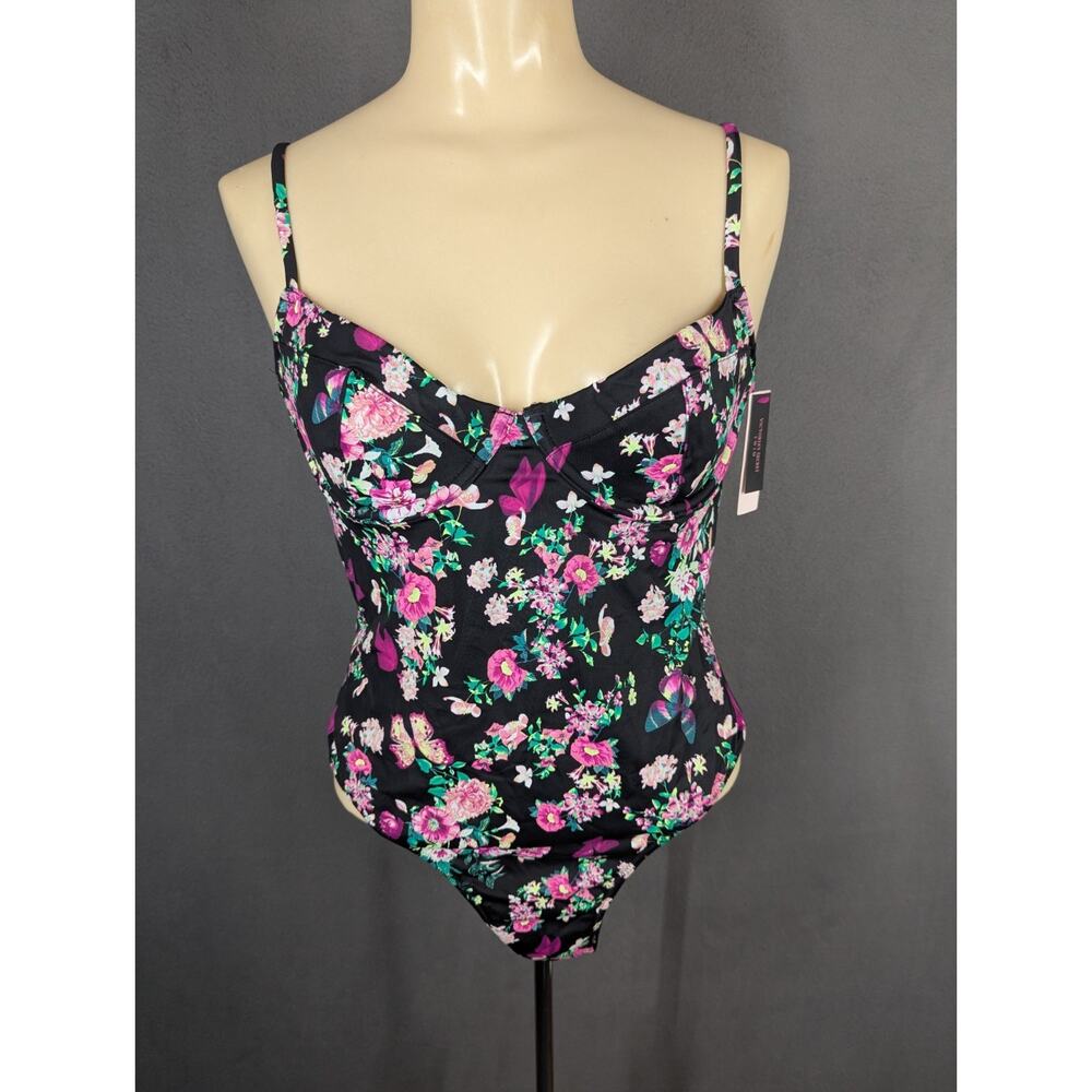 NEW Victorias Secret Sz M Black Pink Floral Essential Wicked One Piece Swimsuit